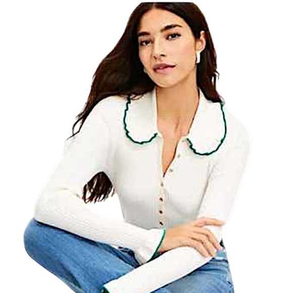 LOFT Cream Sweater With Ruffle Sleeves & Collar Detail Size Large Petite EUC - Picture 5 of 10